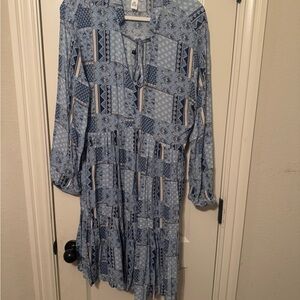 Blue Patchwork Print Long Sleeve Midi Dress